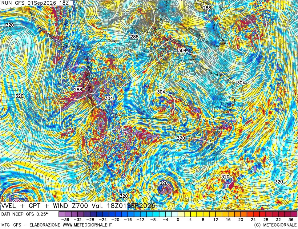 mappa 700 hPa Velocità verticiali + GPT + Vento