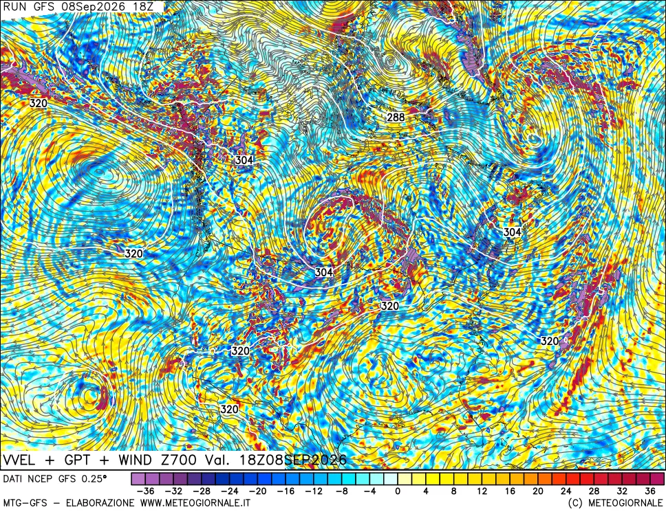 mappa 700 hPa Velocità verticiali + GPT + Vento