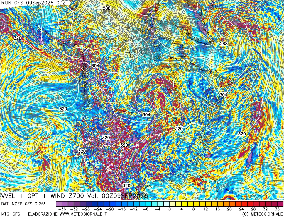 mappa 700 hPa Velocità verticiali + GPT + Vento