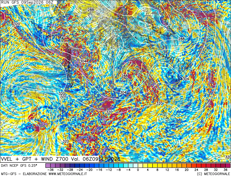 mappa 700 hPa Velocità verticiali + GPT + Vento
