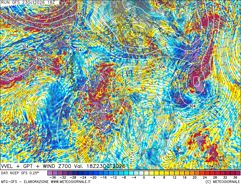mappa 700 hPa Velocità verticiali + GPT + Vento