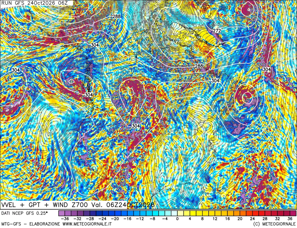 mappa 700 hPa Velocità verticiali + GPT + Vento