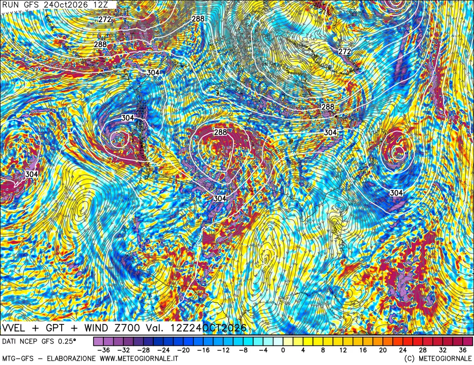 mappa 700 hPa Velocità verticiali + GPT + Vento
