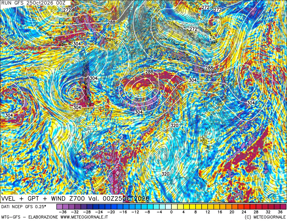 mappa 700 hPa Velocità verticiali + GPT + Vento