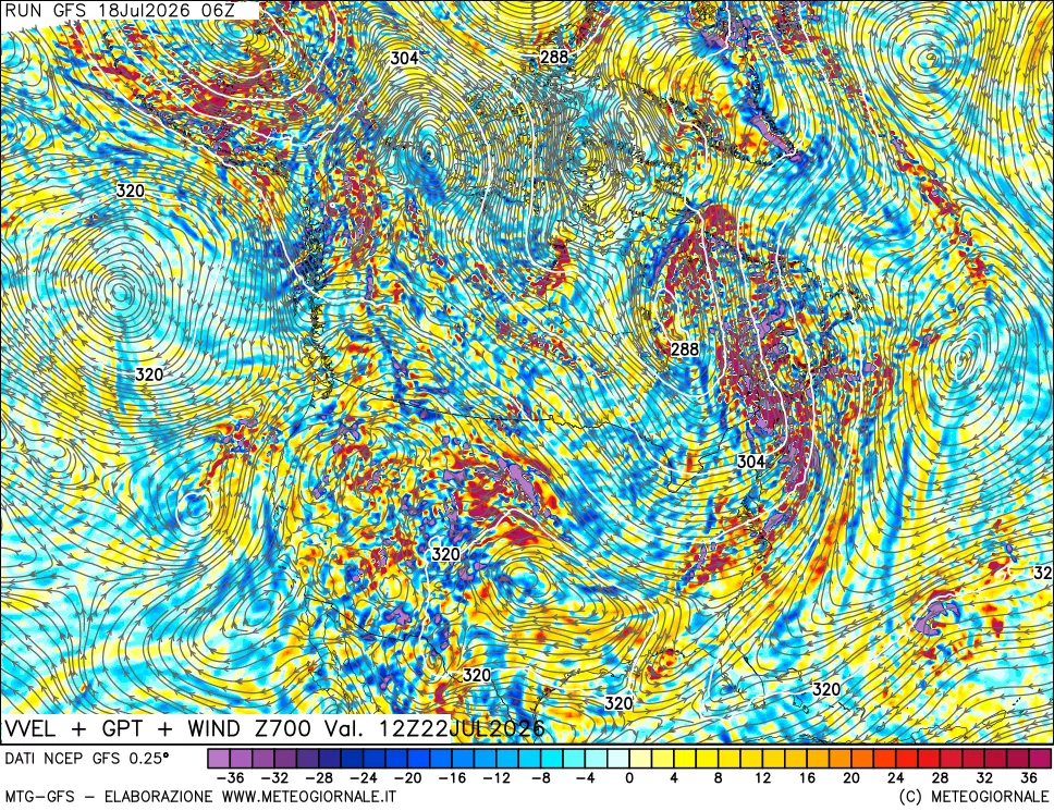 mappa 700 hPa Velocità verticiali + GPT + Vento