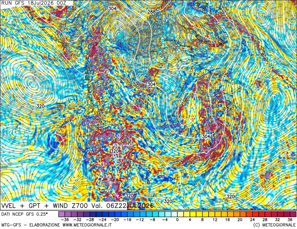 mappa 700 hPa Velocità verticiali + GPT + Vento
