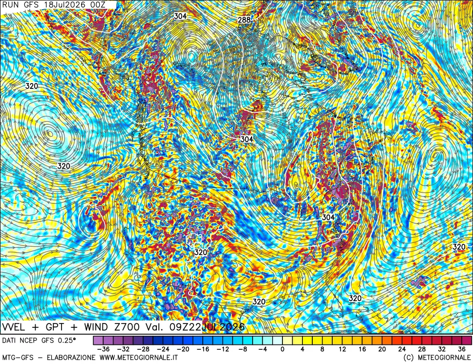 mappa 700 hPa Velocità verticiali + GPT + Vento