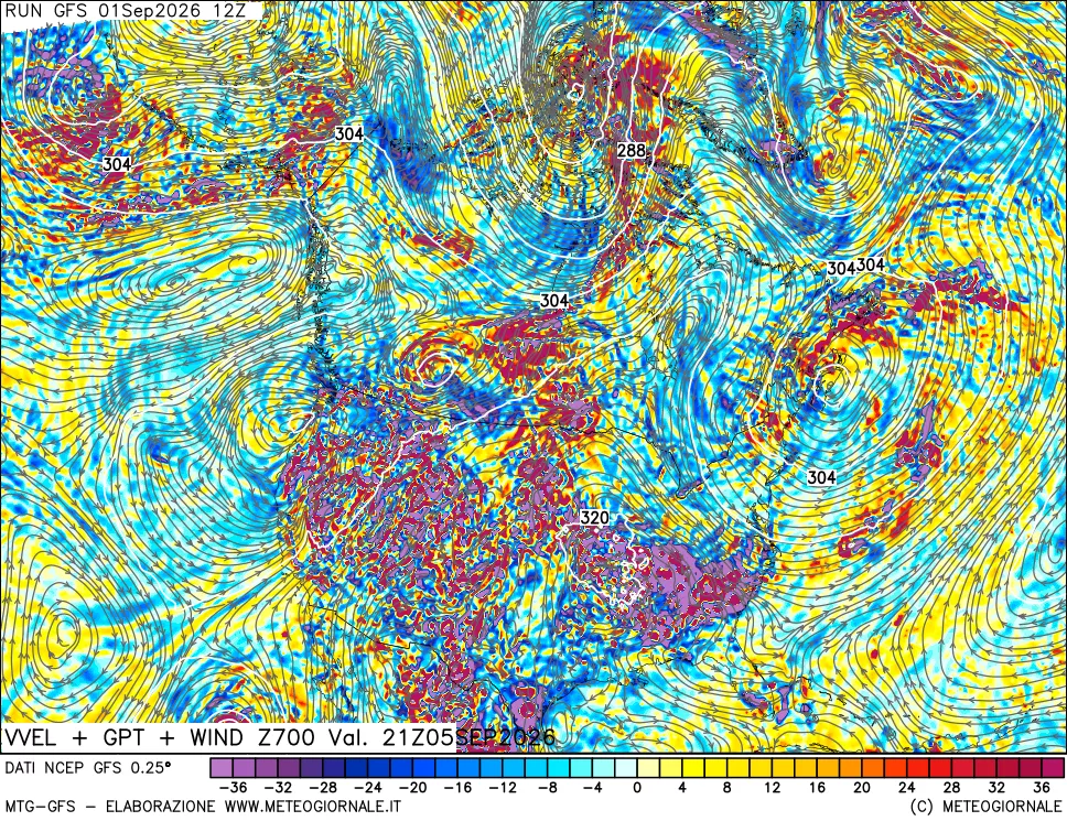 mappa 700 hPa Velocità verticiali + GPT + Vento