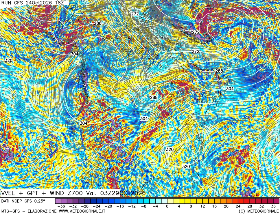 mappa 700 hPa Velocità verticiali + GPT + Vento