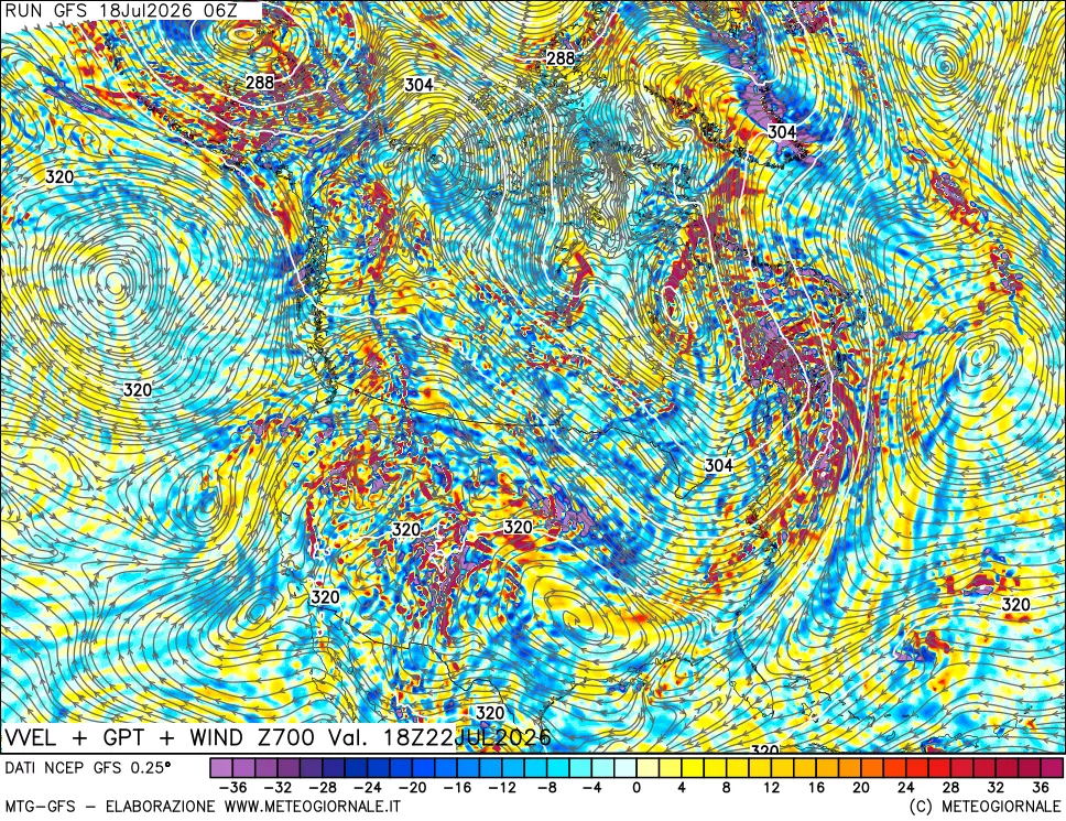 mappa 700 hPa Velocità verticiali + GPT + Vento