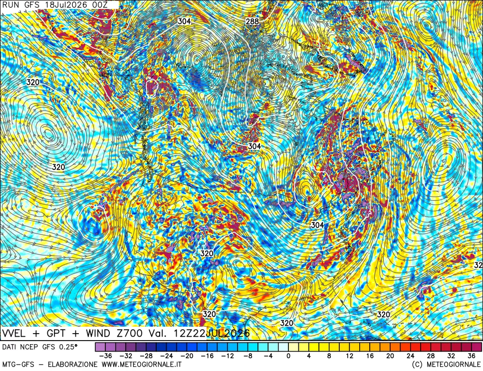 mappa 700 hPa Velocità verticiali + GPT + Vento