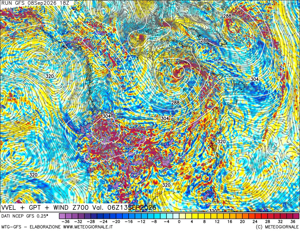 mappa 700 hPa Velocità verticiali + GPT + Vento