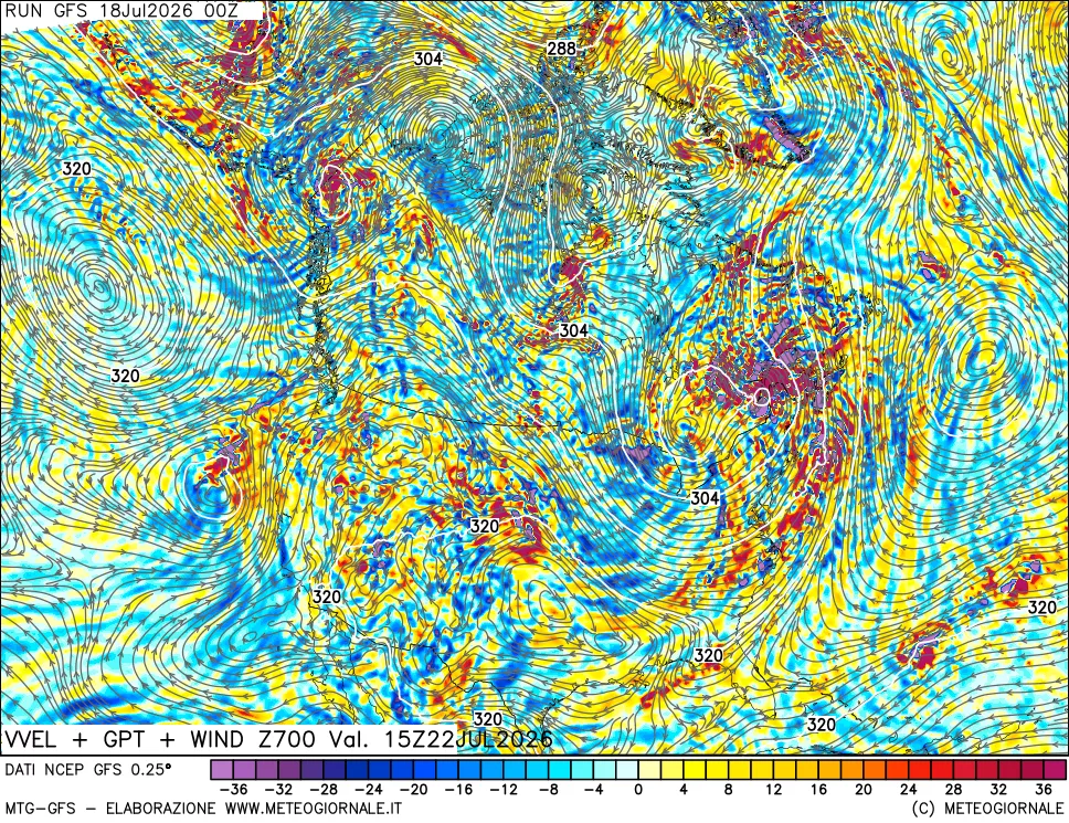 mappa 700 hPa Velocità verticiali + GPT + Vento