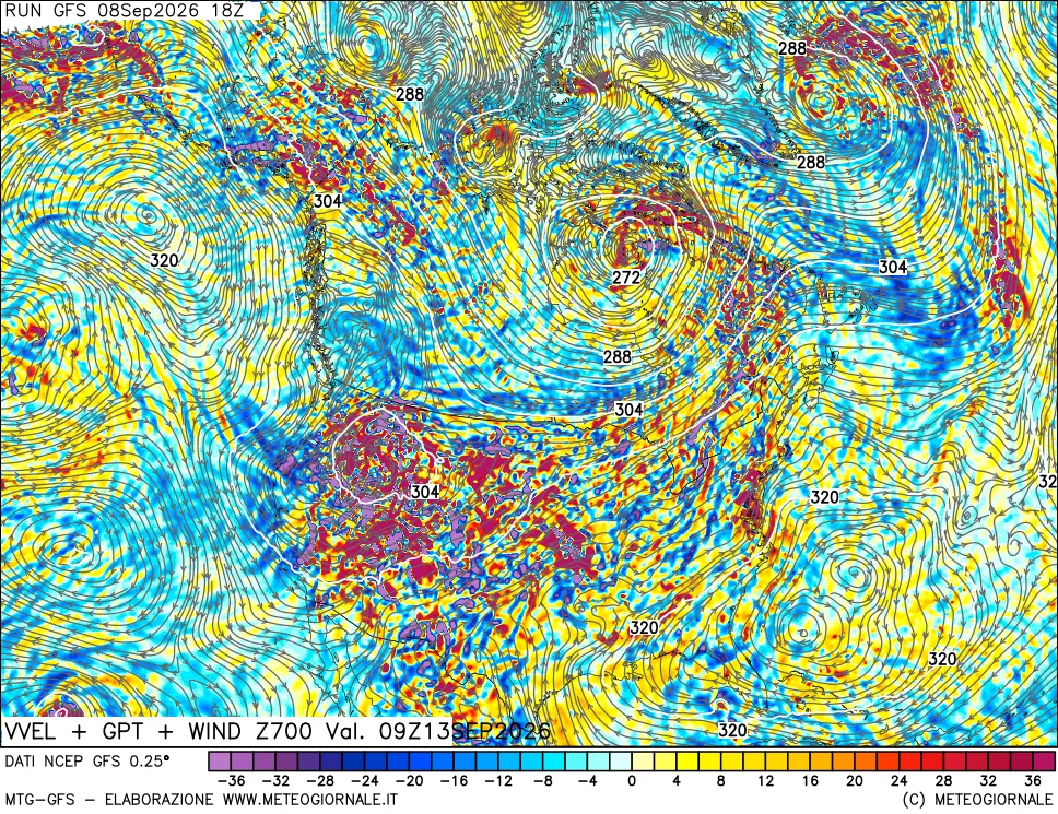 mappa 700 hPa Velocità verticiali + GPT + Vento