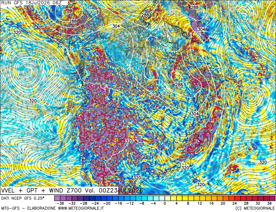 mappa 700 hPa Velocità verticiali + GPT + Vento