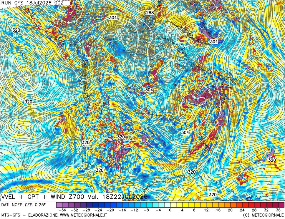 mappa 700 hPa Velocità verticiali + GPT + Vento