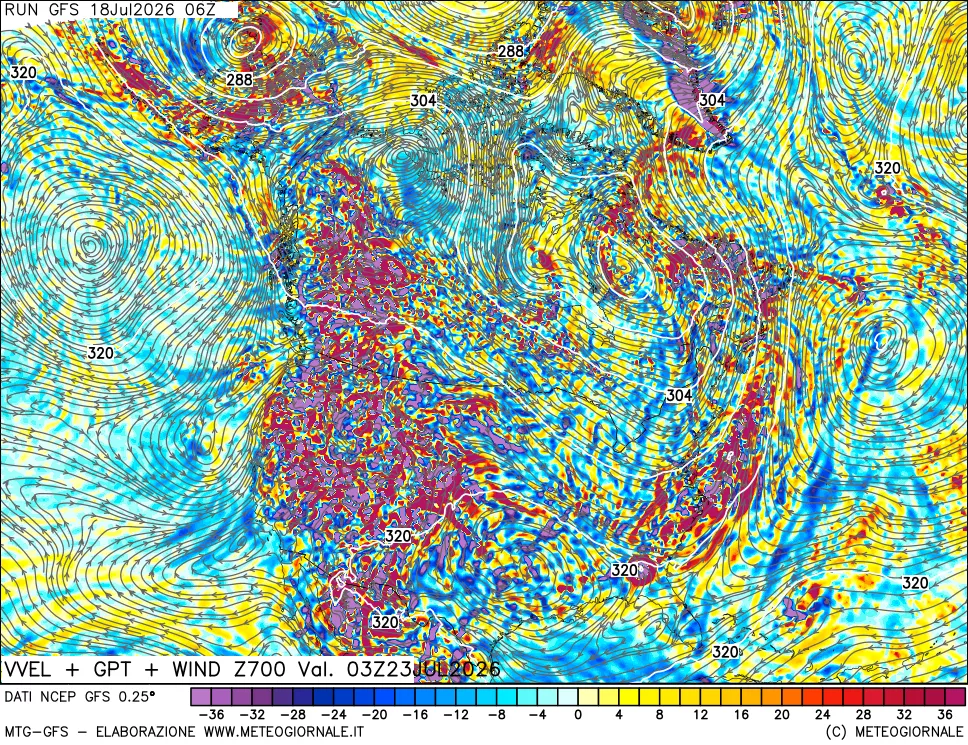 mappa 700 hPa Velocità verticiali + GPT + Vento