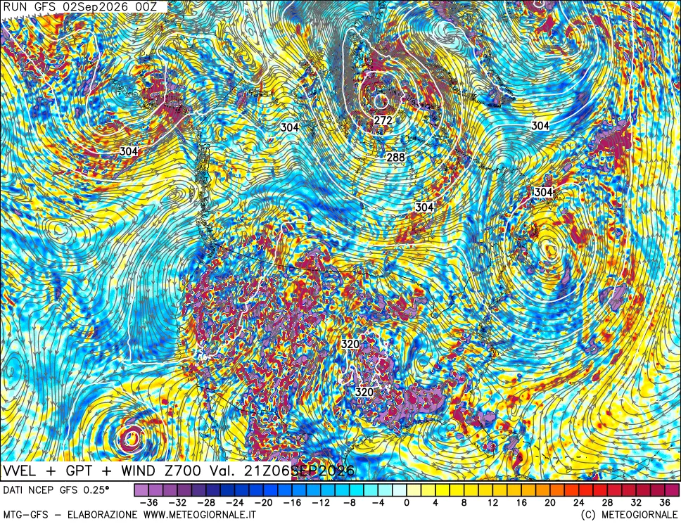 mappa 700 hPa Velocità verticiali + GPT + Vento