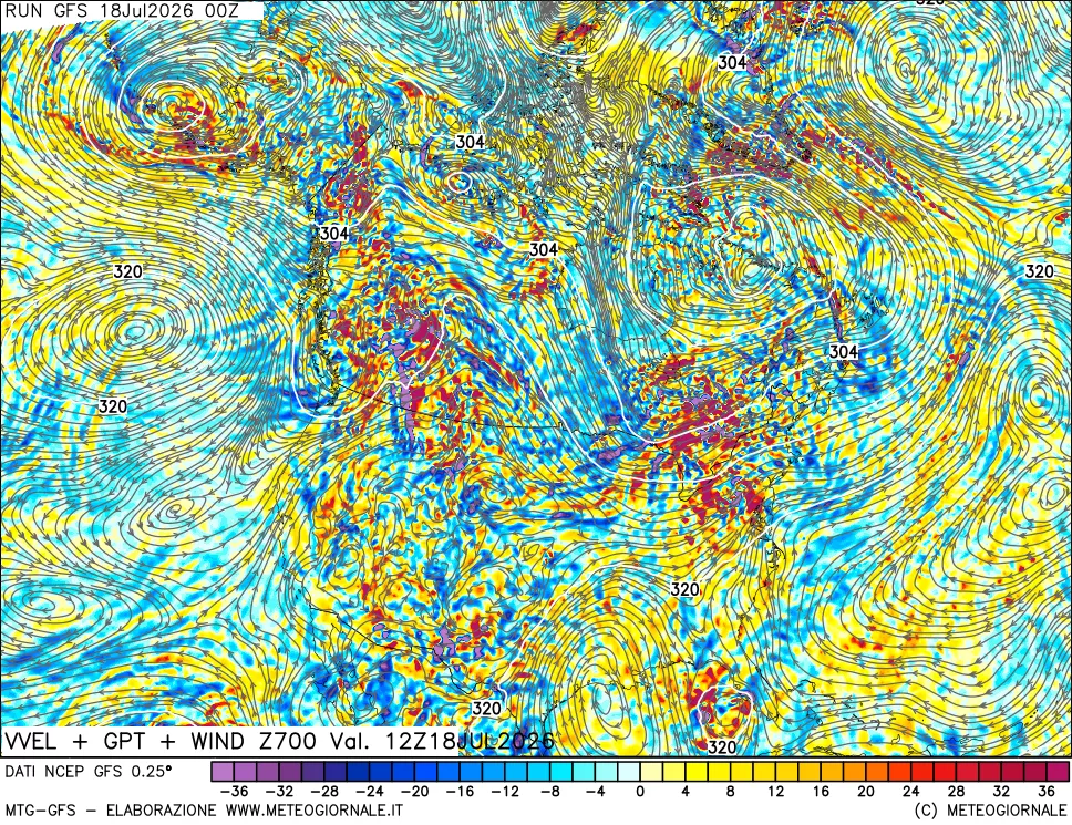 mappa 700 hPa Velocità verticiali + GPT + Vento