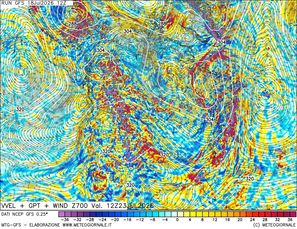 mappa 700 hPa Velocità verticiali + GPT + Vento