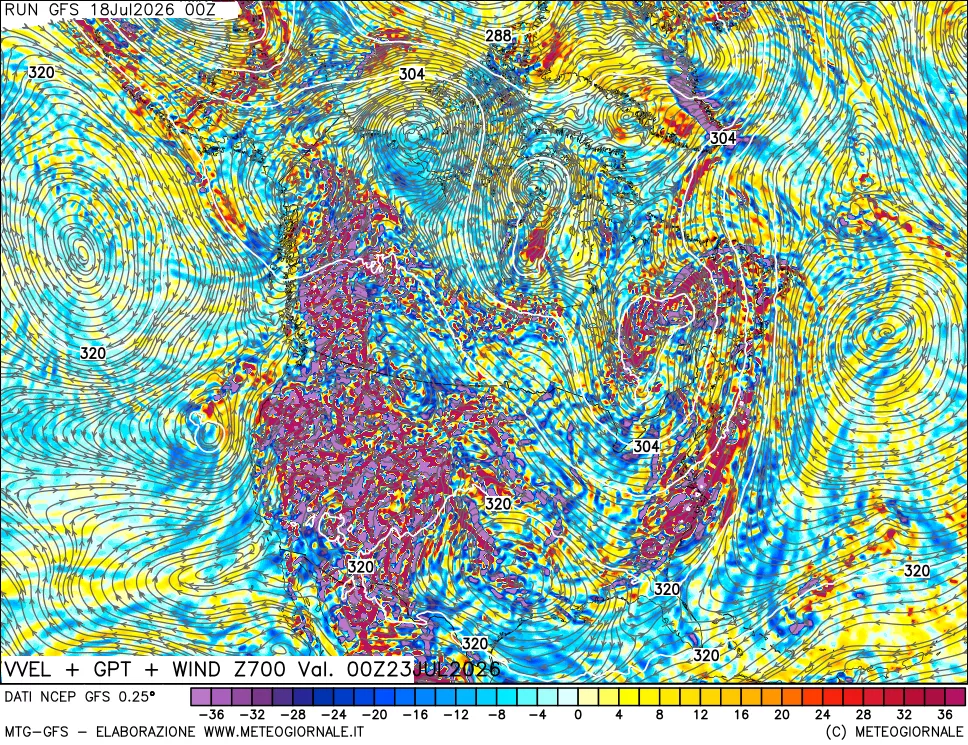 mappa 700 hPa Velocità verticiali + GPT + Vento
