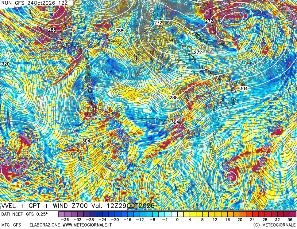 mappa 700 hPa Velocità verticiali + GPT + Vento