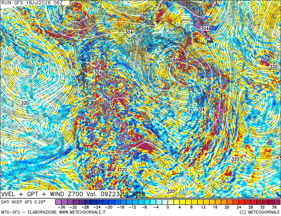 mappa 700 hPa Velocità verticiali + GPT + Vento
