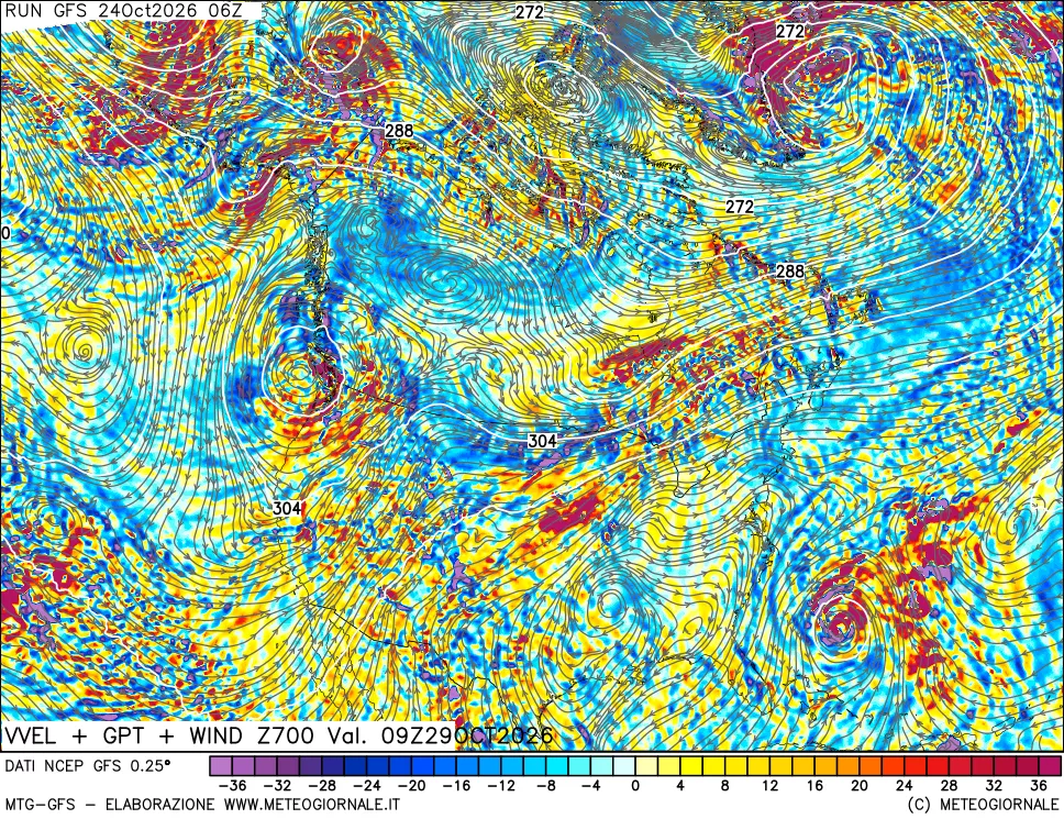 mappa 700 hPa Velocità verticiali + GPT + Vento