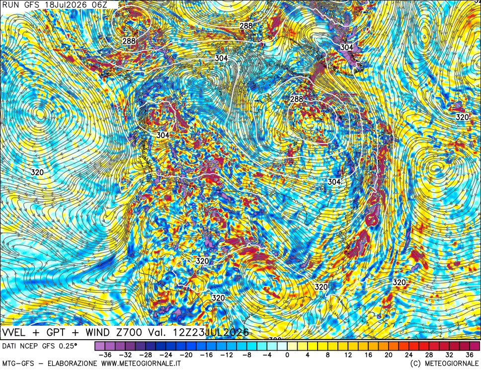 mappa 700 hPa Velocità verticiali + GPT + Vento
