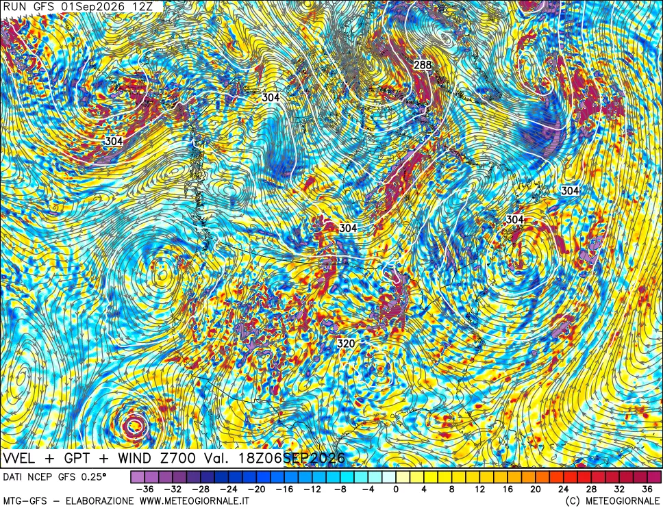 mappa 700 hPa Velocità verticiali + GPT + Vento