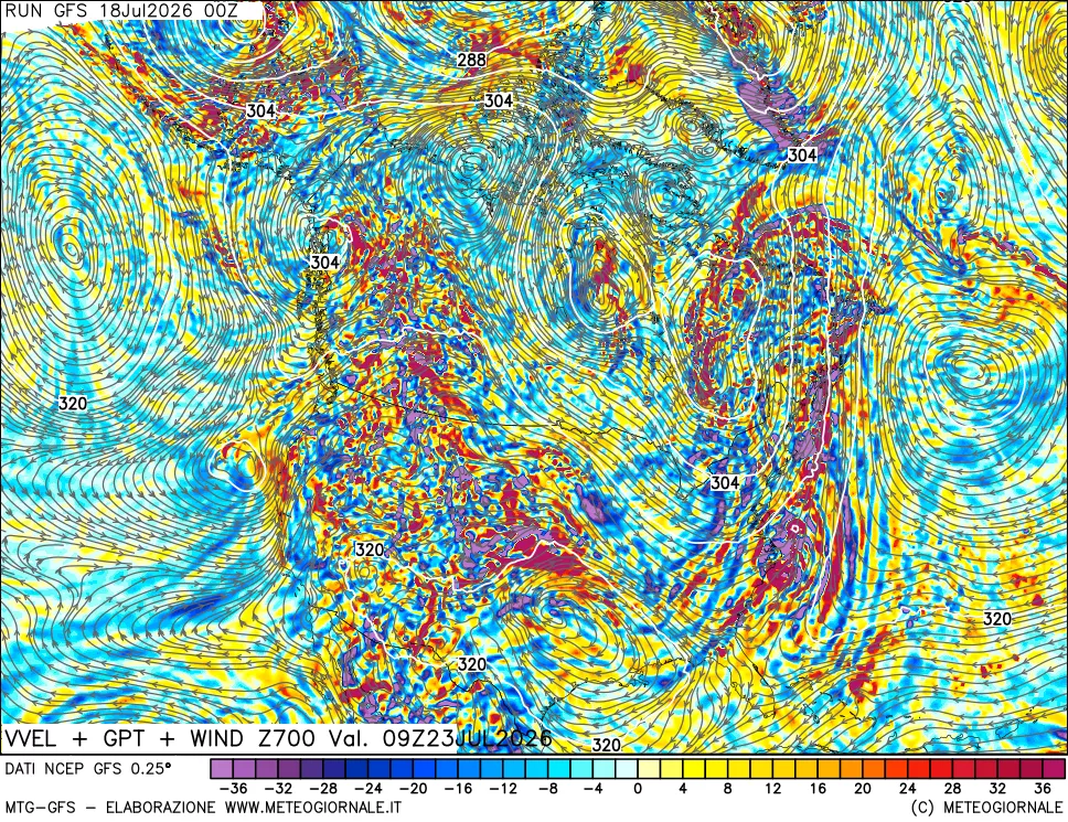 mappa 700 hPa Velocità verticiali + GPT + Vento