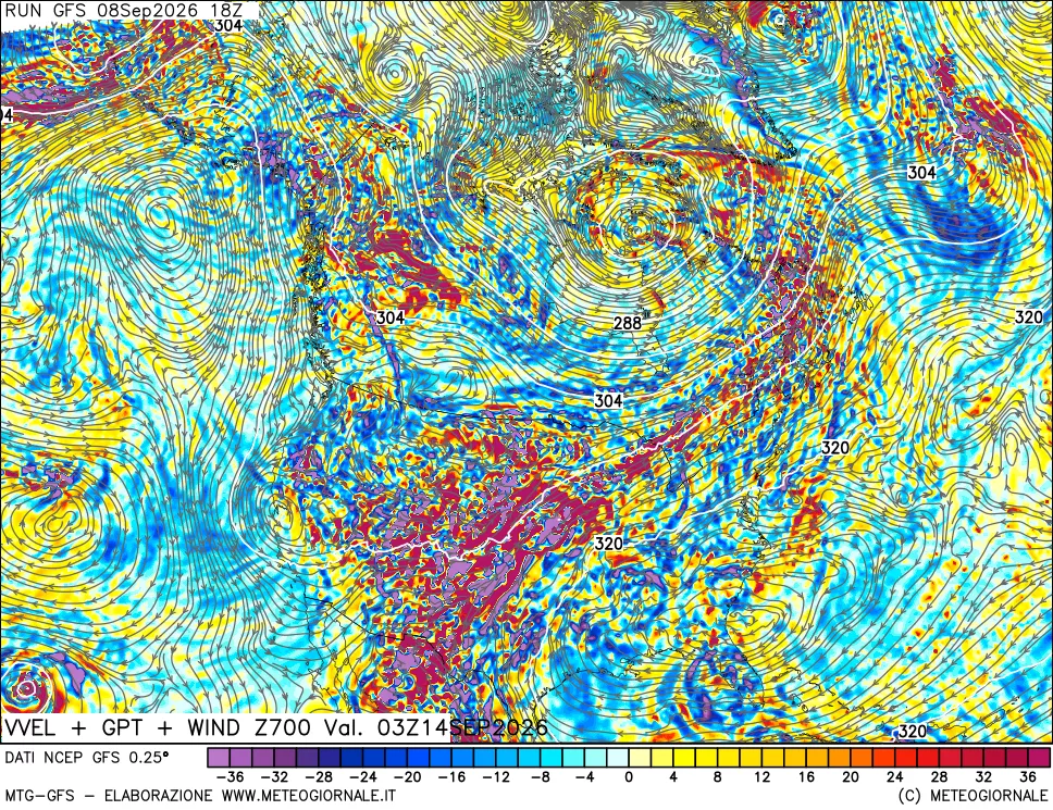 mappa 700 hPa Velocità verticiali + GPT + Vento