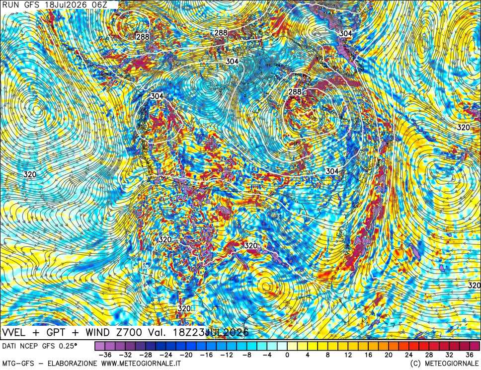 mappa 700 hPa Velocità verticiali + GPT + Vento