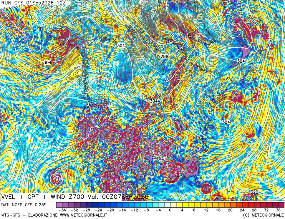 mappa 700 hPa Velocità verticiali + GPT + Vento