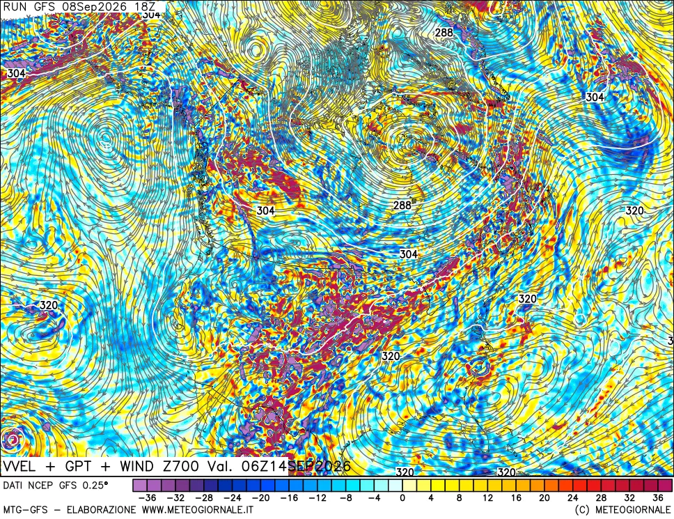 mappa 700 hPa Velocità verticiali + GPT + Vento