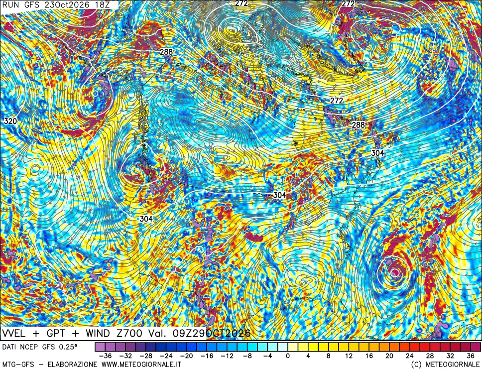 mappa 700 hPa Velocità verticiali + GPT + Vento