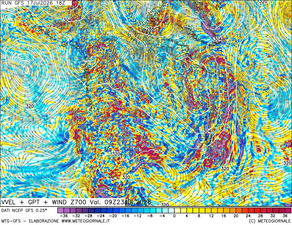 mappa 700 hPa Velocità verticiali + GPT + Vento