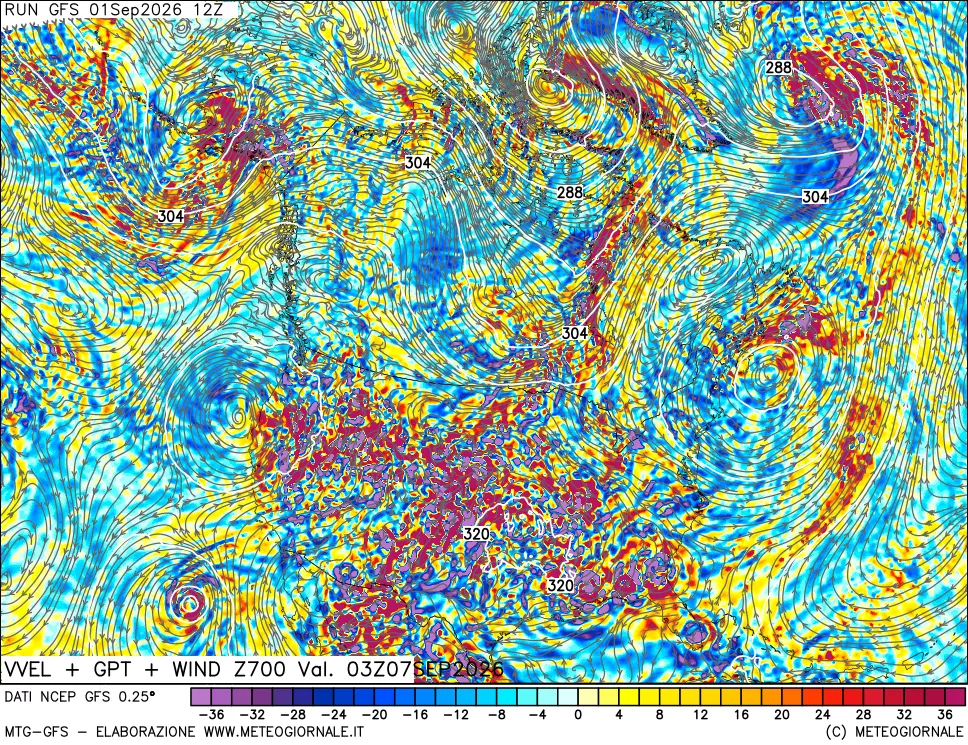 mappa 700 hPa Velocità verticiali + GPT + Vento