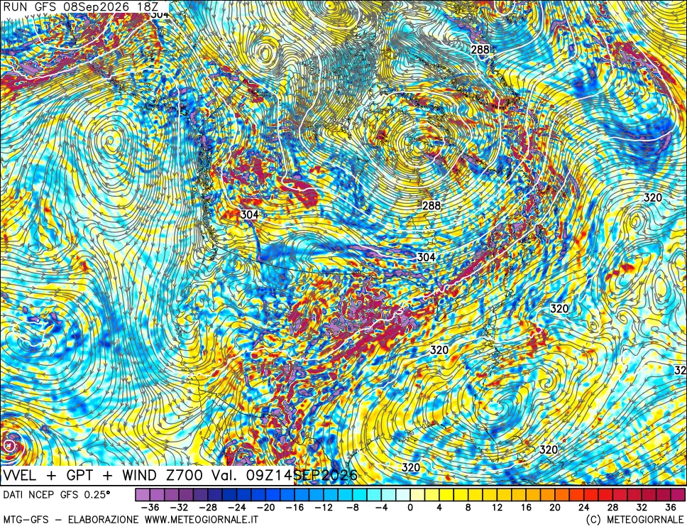 mappa 700 hPa Velocità verticiali + GPT + Vento