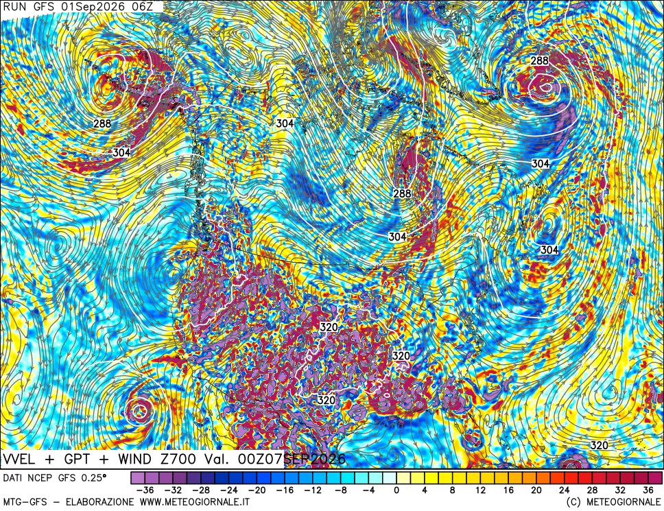 mappa 700 hPa Velocità verticiali + GPT + Vento