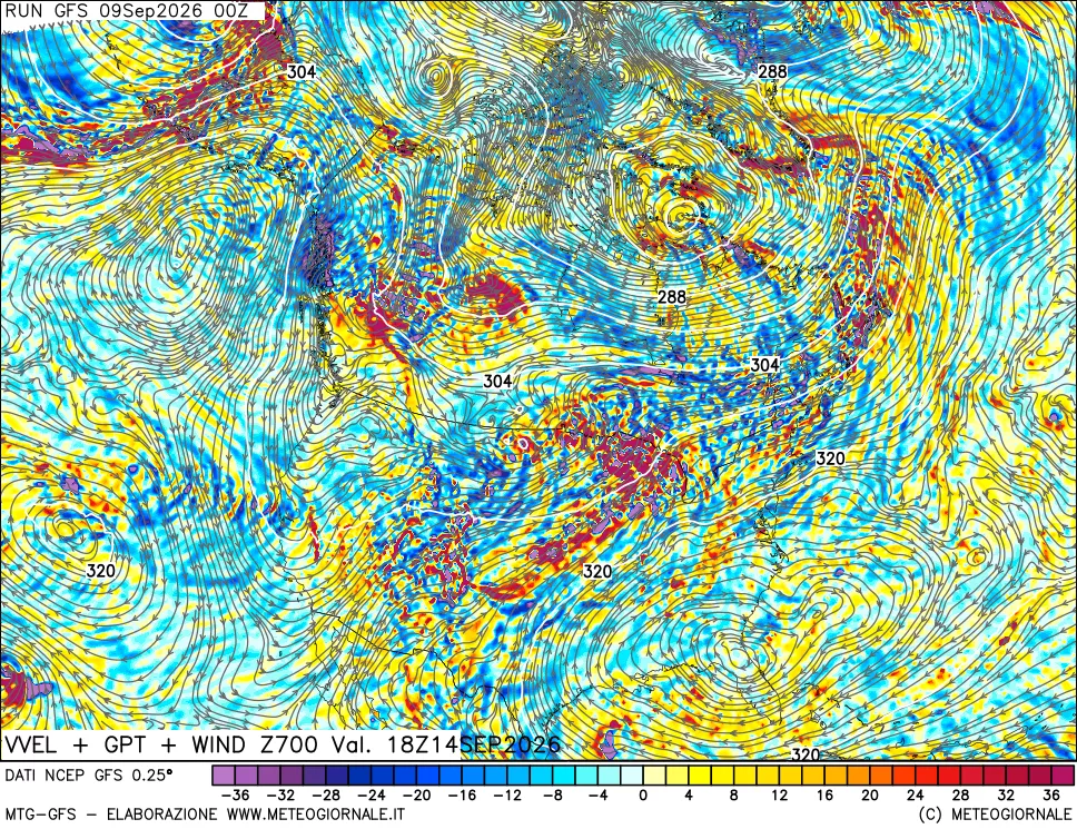 mappa 700 hPa Velocità verticiali + GPT + Vento
