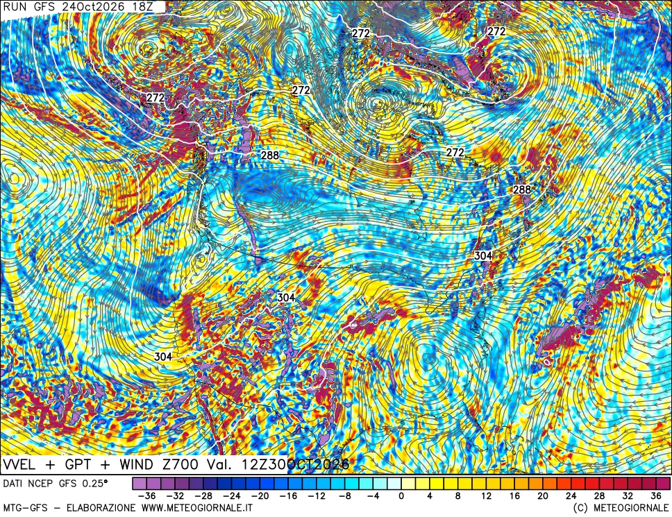 mappa 700 hPa Velocità verticiali + GPT + Vento