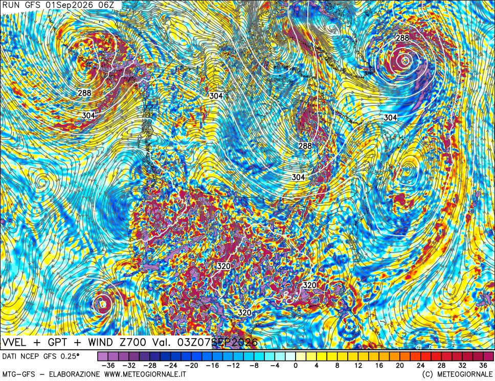 mappa 700 hPa Velocità verticiali + GPT + Vento