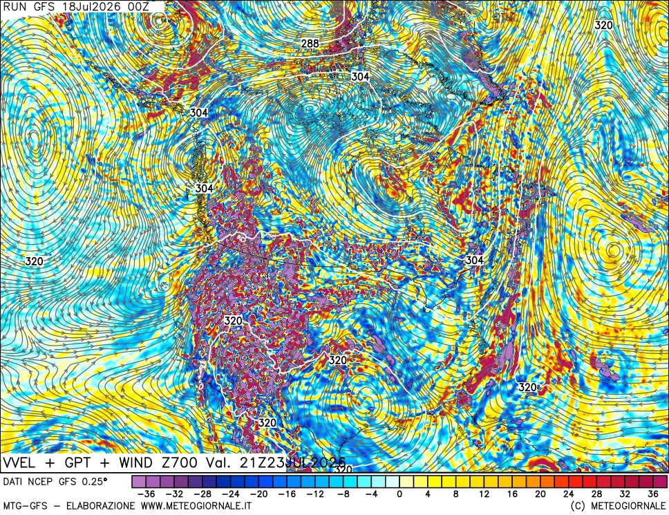 mappa 700 hPa Velocità verticiali + GPT + Vento