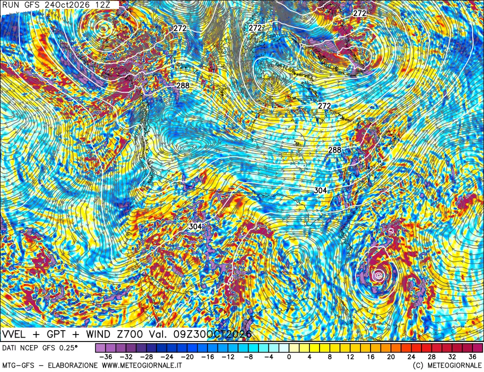 mappa 700 hPa Velocità verticiali + GPT + Vento