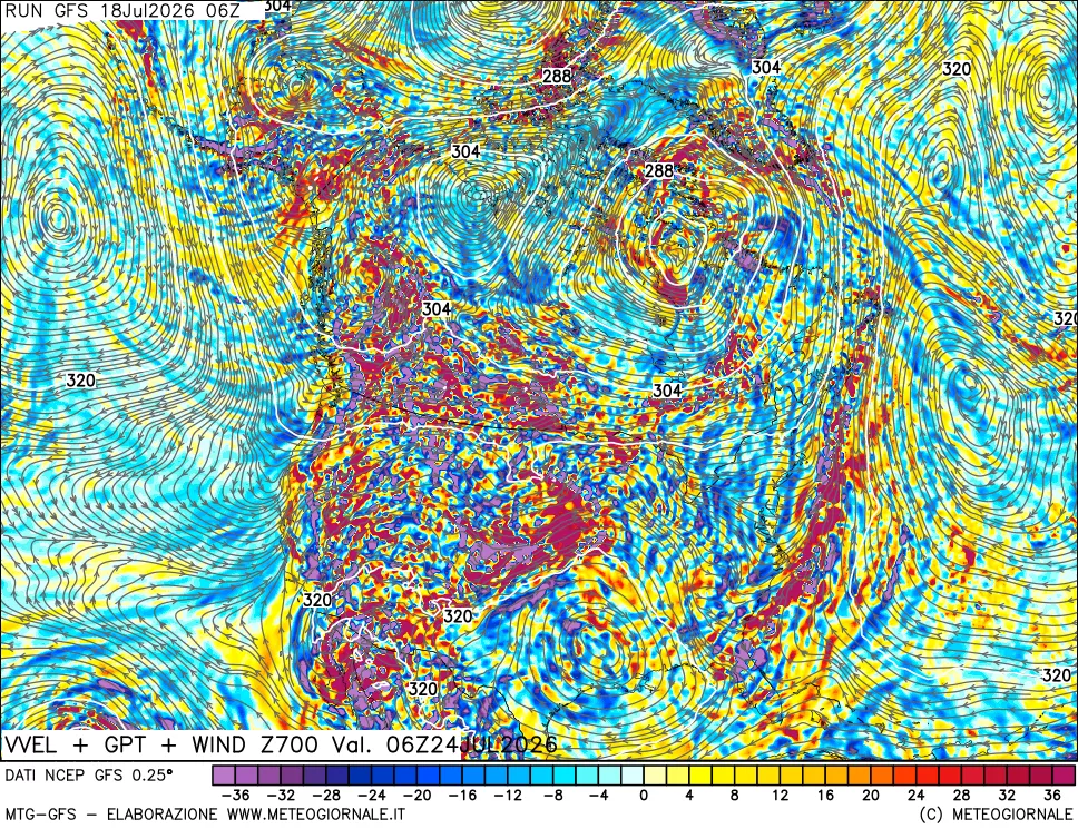 mappa 700 hPa Velocità verticiali + GPT + Vento