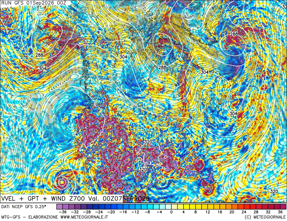 mappa 700 hPa Velocità verticiali + GPT + Vento