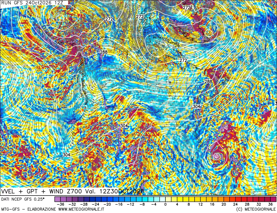 mappa 700 hPa Velocità verticiali + GPT + Vento