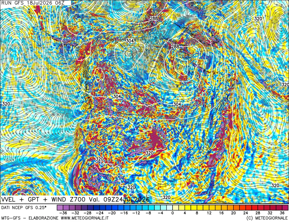 mappa 700 hPa Velocità verticiali + GPT + Vento