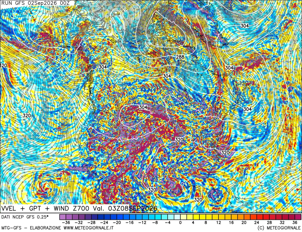 mappa 700 hPa Velocità verticiali + GPT + Vento